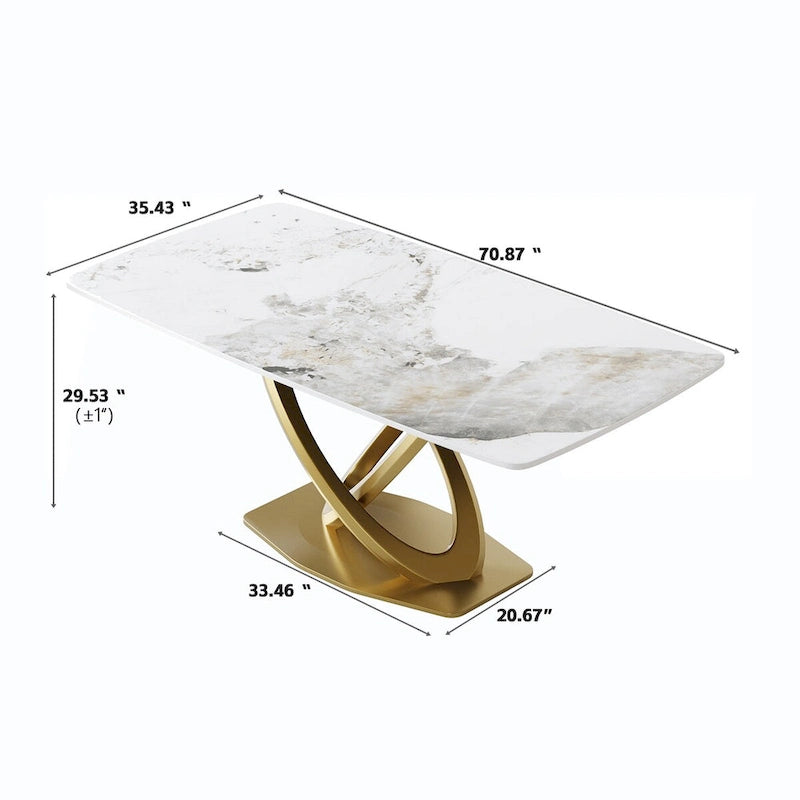 Mesa de Comedor de Piedra Sinterizada con Base de Acero Inoxidable Dorado, Pandora / Negro / Blanco, Capacidad para 8 personas