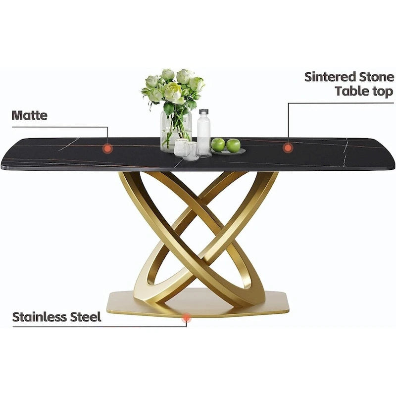 Mesa de Comedor de Piedra Sinterizada con Base de Acero Inoxidable Dorado, Pandora / Negro / Blanco, Capacidad para 8 personas