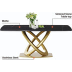 Mesa de Comedor de Piedra Sinterizada con Base de Acero Inoxidable Dorado, Pandora / Negro / Blanco, Capacidad para 8 personas