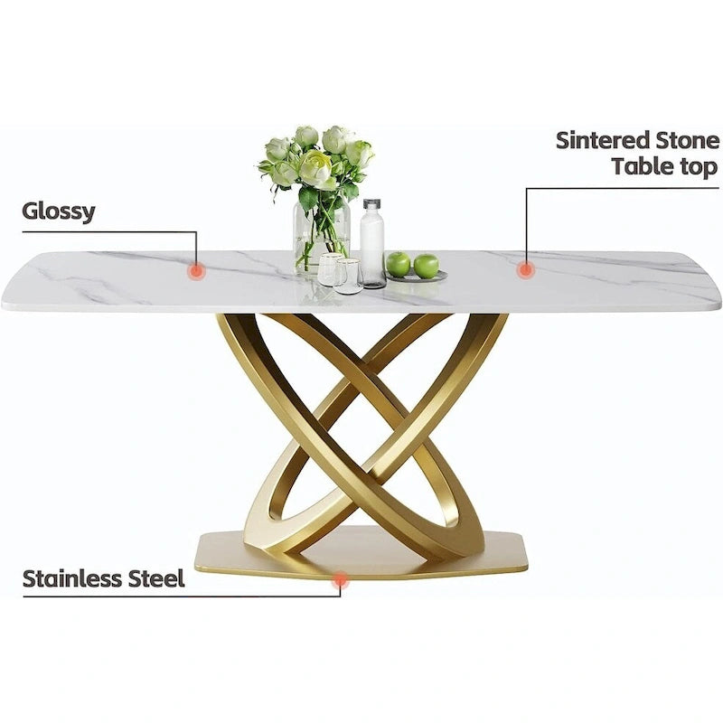Mesa de Comedor de Piedra Sinterizada con Base de Acero Inoxidable Dorado, Pandora / Negro / Blanco, Capacidad para 8 personas