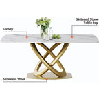 Mesa de Comedor de Piedra Sinterizada con Base de Acero Inoxidable Dorado, Pandora / Negro / Blanco, Capacidad para 8 personas