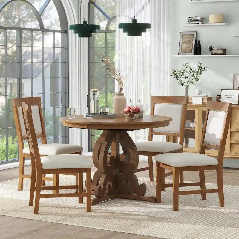 Juego de mesa de comedor redonda extensible Nogal / Blanco Antiguo, para 4-6 personas, estilo retro