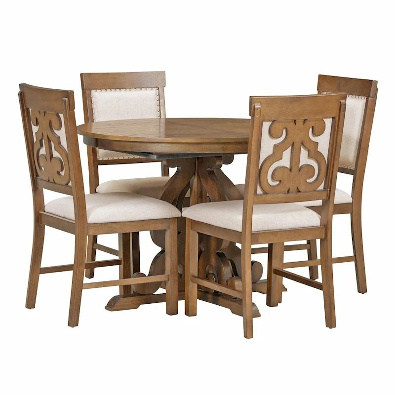 Juego de mesa de comedor redonda extensible Nogal / Blanco Antiguo, para 4-6 personas, estilo retro