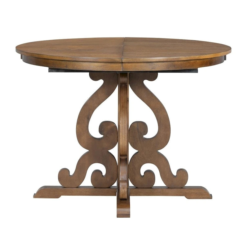 Juego de mesa de comedor redonda extensible Nogal / Blanco Antiguo, para 4-6 personas, estilo retro