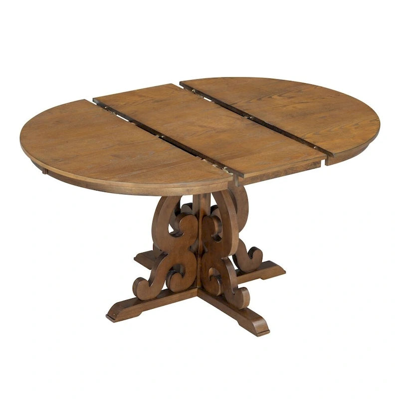 Juego de mesa de comedor redonda extensible Nogal / Blanco Antiguo, para 4-6 personas, estilo retro