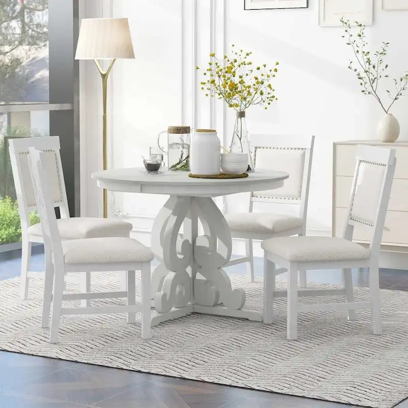 Juego de mesa de comedor redonda extensible Nogal / Blanco Antiguo, para 4-6 personas, estilo retro