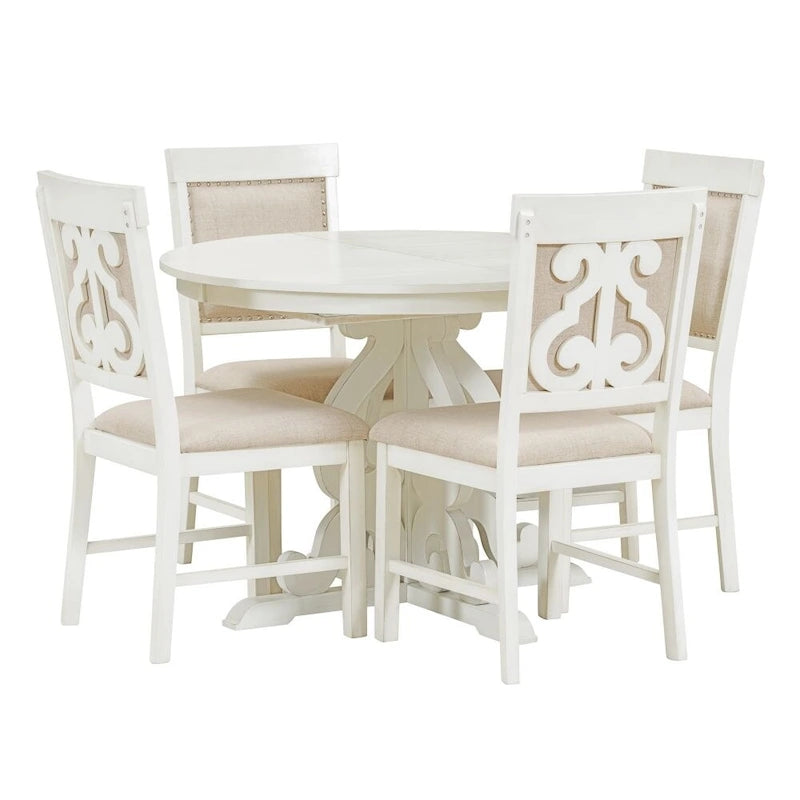 Juego de mesa de comedor redonda extensible Nogal / Blanco Antiguo, para 4-6 personas, estilo retro