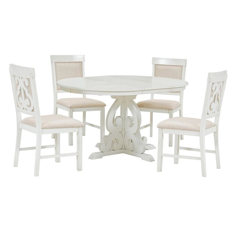 Juego de mesa de comedor redonda extensible Nogal / Blanco Antiguo, para 4-6 personas, estilo retro