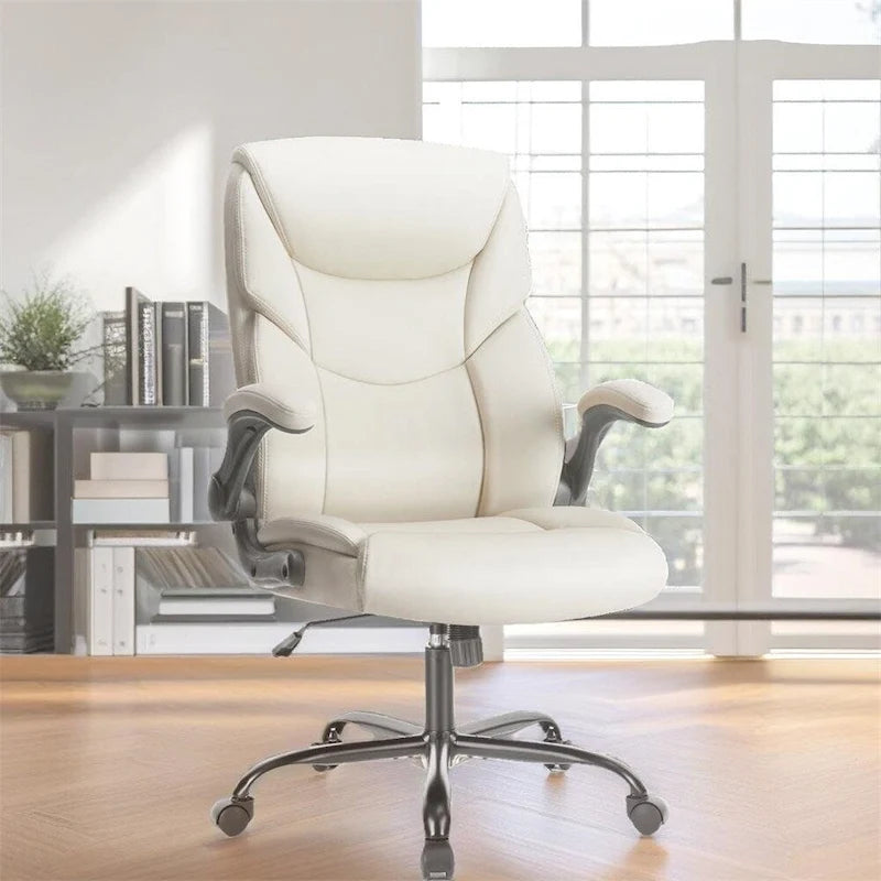 Silla de oficina ergonómica de cuero blanco con brazos abatibles – Asiento individual
