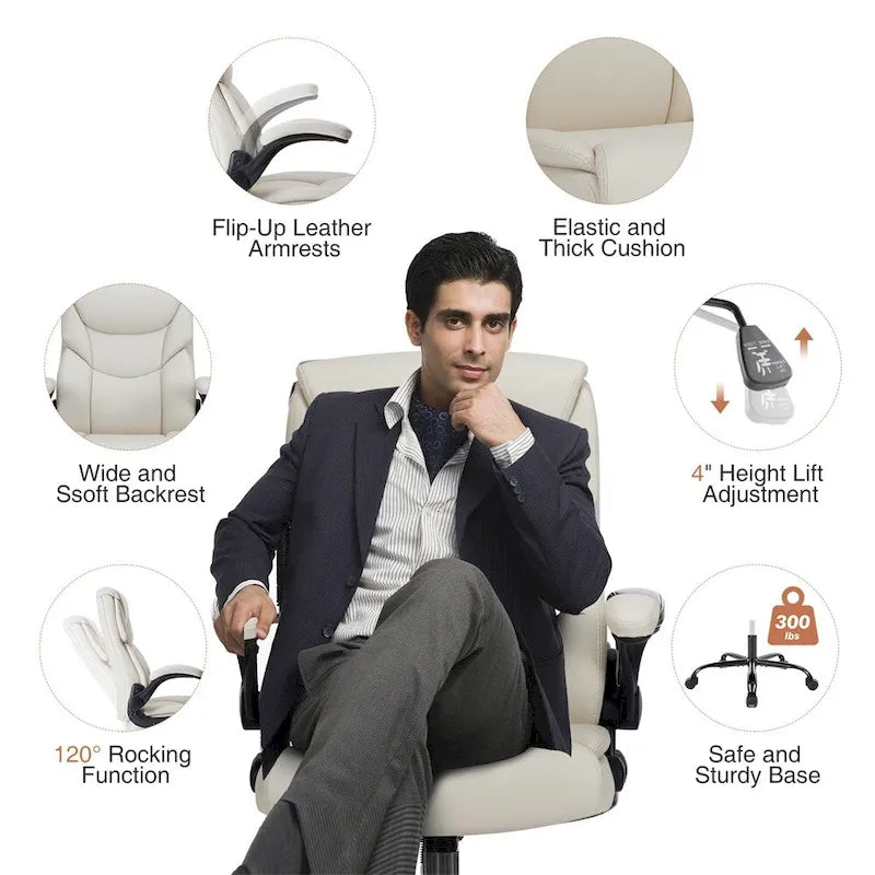 Silla de oficina ergonómica de cuero blanco con brazos abatibles – Asiento individual