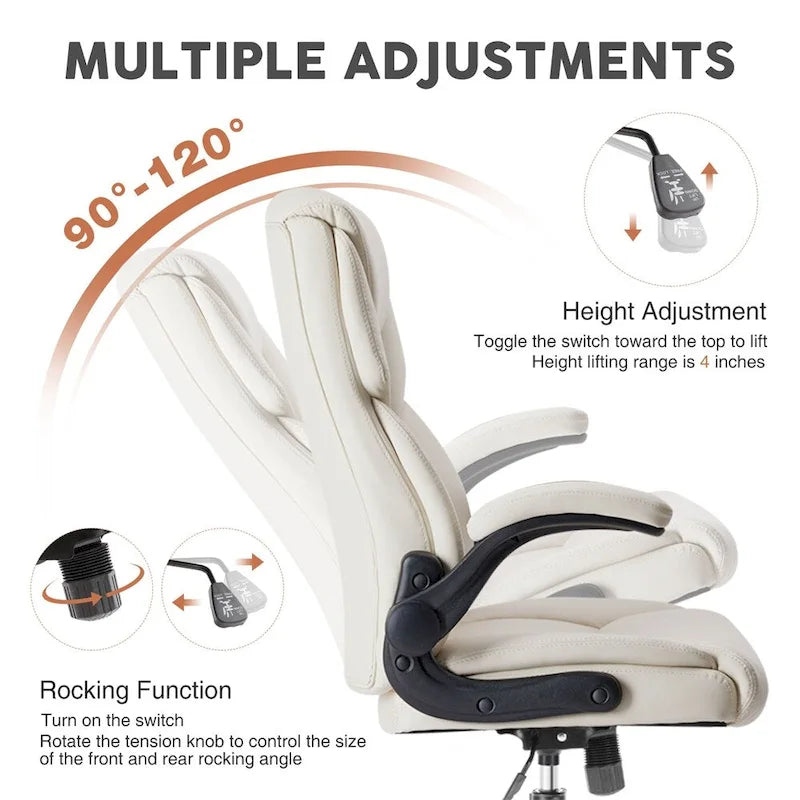 Silla de oficina ergonómica de cuero blanco con brazos abatibles – Asiento individual