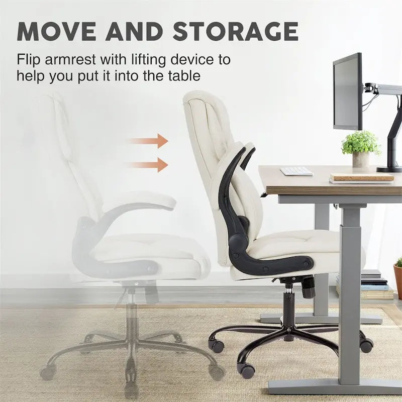 Silla de oficina ergonómica de cuero blanco con brazos abatibles – Asiento individual