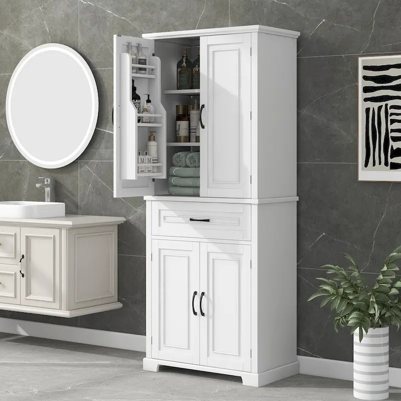 Armario alto de almacenamiento blanco/gris con 4 puertas y 1 cajón, estante ajustable, montaje de 1 a 2 personas