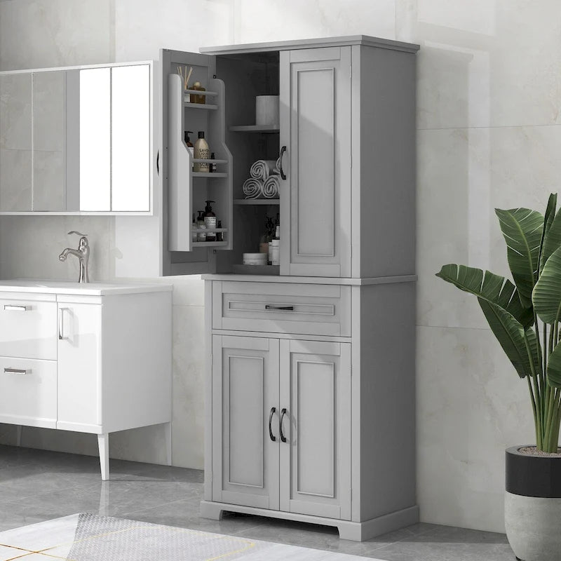 Armario alto de almacenamiento blanco/gris con 4 puertas y 1 cajón, estante ajustable, montaje de 1 a 2 personas