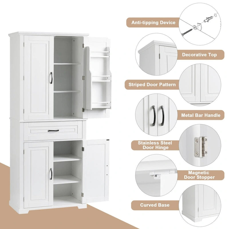 Armario alto de almacenamiento blanco/gris con 4 puertas y 1 cajón, estante ajustable, montaje de 1 a 2 personas