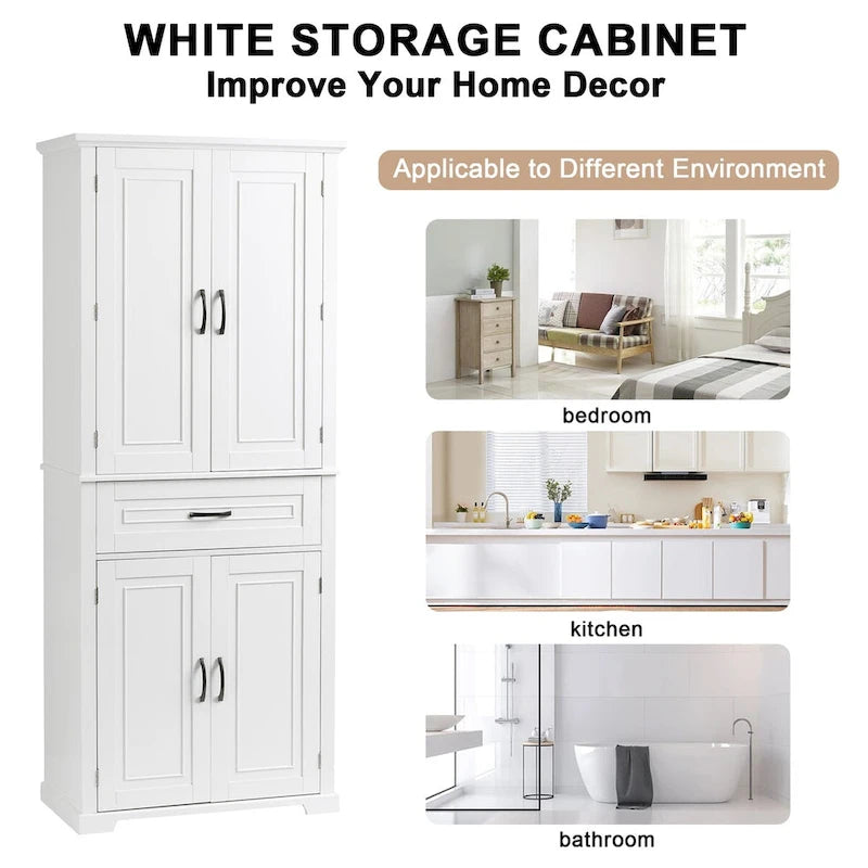 Armario alto de almacenamiento blanco/gris con 4 puertas y 1 cajón, estante ajustable, montaje de 1 a 2 personas