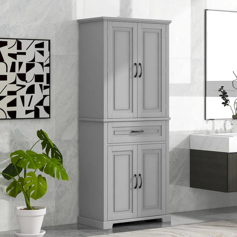 Armario alto de almacenamiento blanco/gris con 4 puertas y 1 cajón, estante ajustable, montaje de 1 a 2 personas