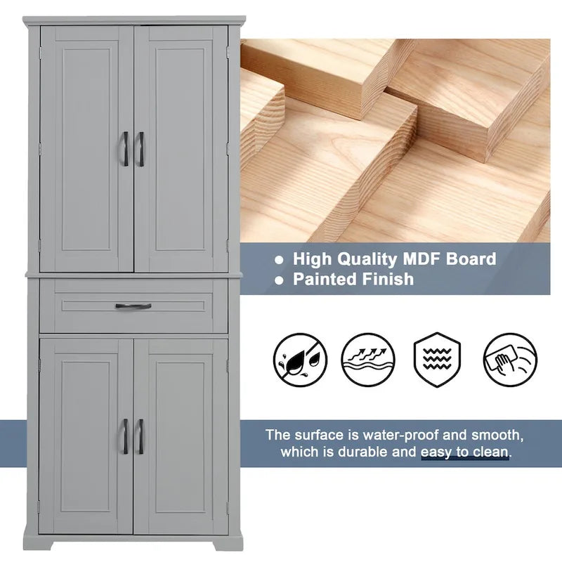 Armario alto de almacenamiento blanco/gris con 4 puertas y 1 cajón, estante ajustable, montaje de 1 a 2 personas