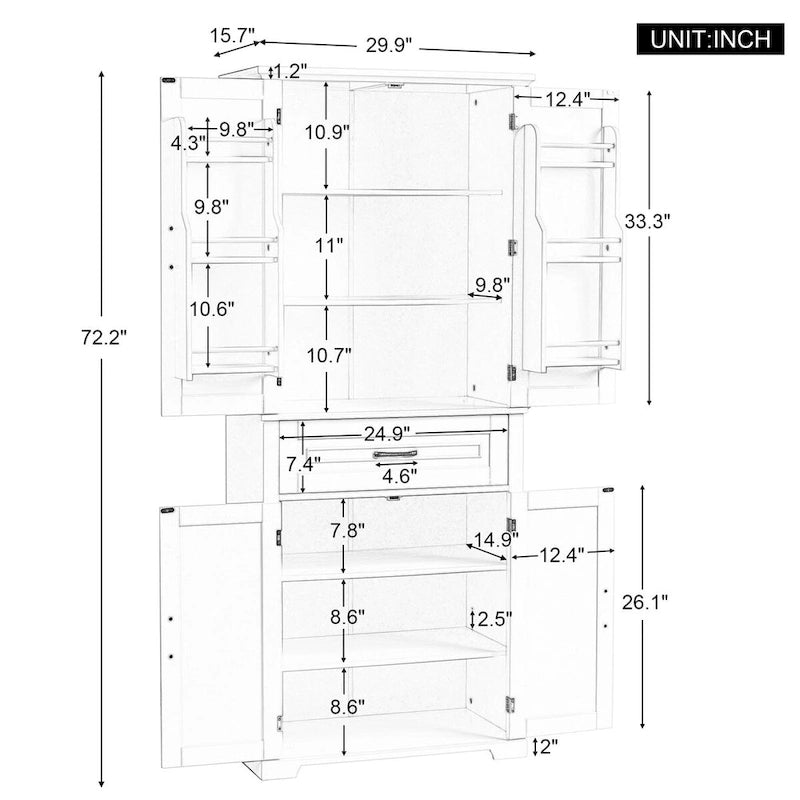 Armario alto de almacenamiento blanco/gris con 4 puertas y 1 cajón, estante ajustable, montaje de 1 a 2 personas