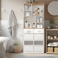 Mueble alto independiente blanco para ropa de cama con cajones y estantes abiertos
