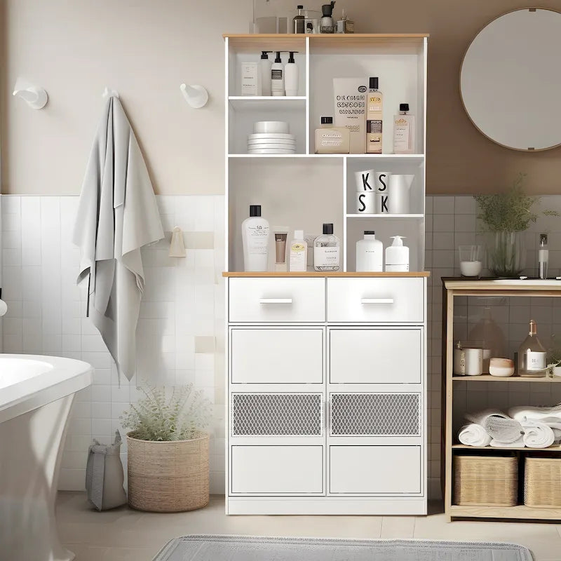 Mueble alto independiente blanco para ropa de cama con cajones y estantes abiertos