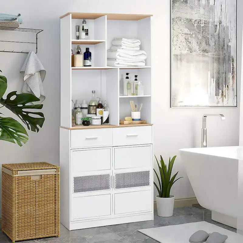 Mueble alto independiente blanco para ropa de cama con cajones y estantes abiertos