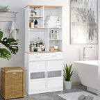 Mueble alto independiente blanco para ropa de cama con cajones y estantes abiertos