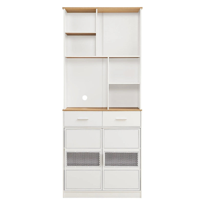 Mueble alto independiente blanco para ropa de cama con cajones y estantes abiertos
