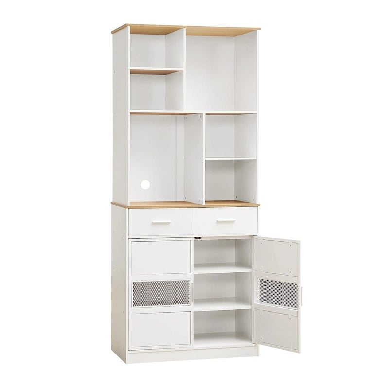 Mueble alto independiente blanco para ropa de cama con cajones y estantes abiertos