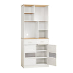 Mueble alto independiente blanco para ropa de cama con cajones y estantes abiertos