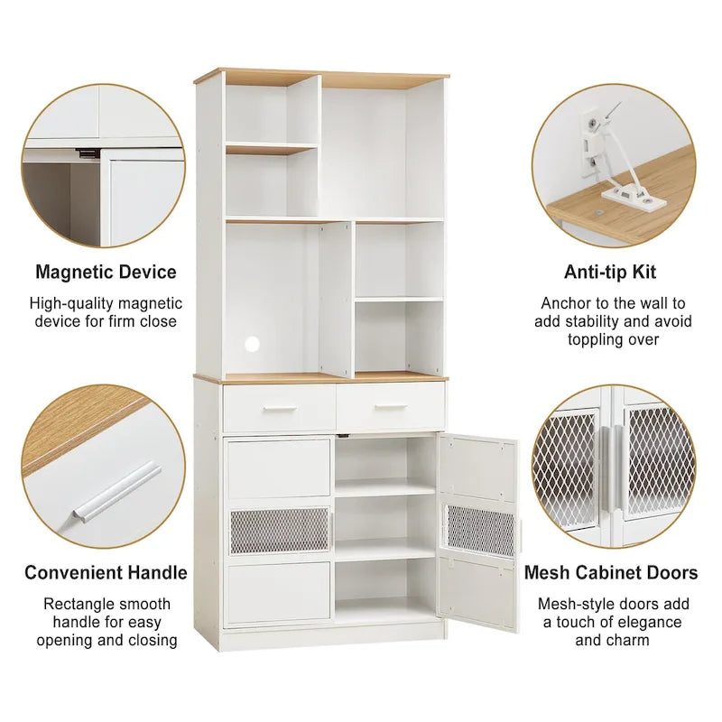 Mueble alto independiente blanco para ropa de cama con cajones y estantes abiertos