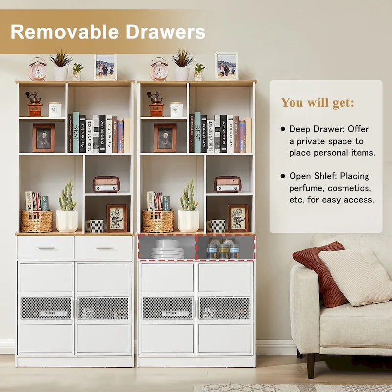 Mueble alto independiente blanco para ropa de cama con cajones y estantes abiertos