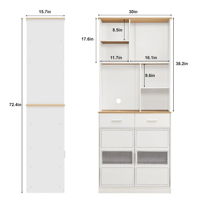 Mueble alto independiente blanco para ropa de cama con cajones y estantes abiertos