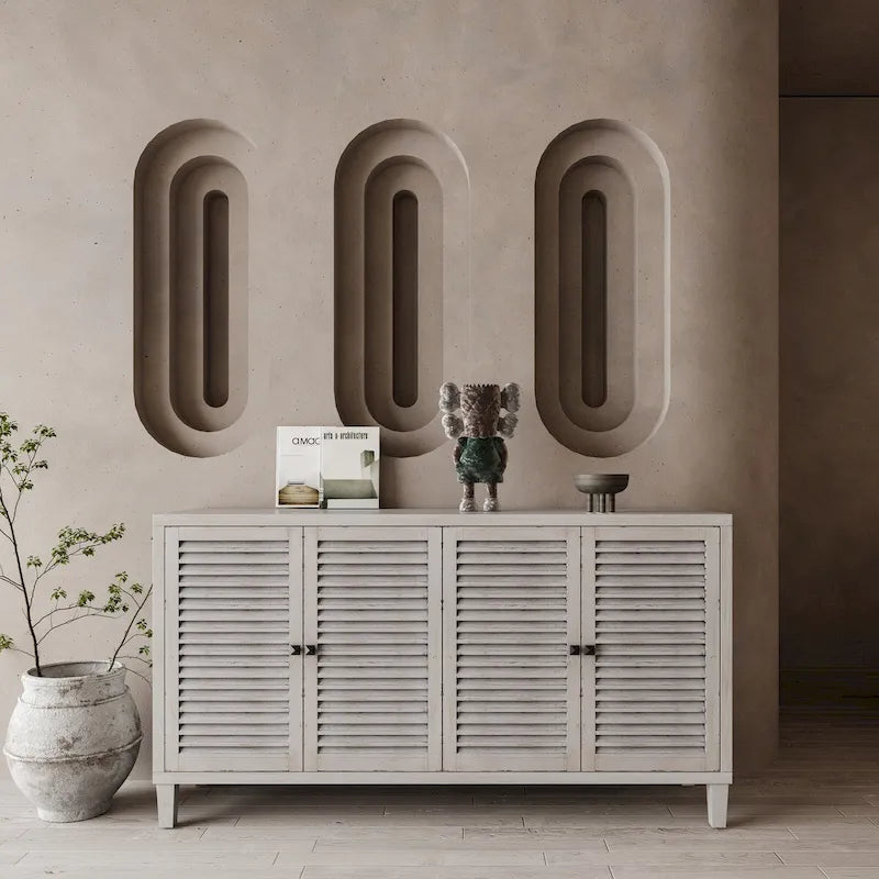 Aparador/Mueble Auxiliar de 4 Puertas y 2 Niveles con Acabado Lavado Blanco o Madera Natural