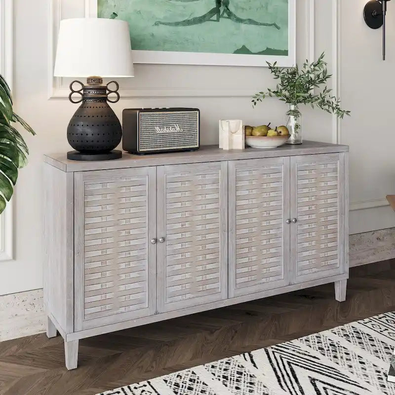 Aparador/Mueble Auxiliar de 4 Puertas y 2 Niveles con Acabado Lavado Blanco o Madera Natural