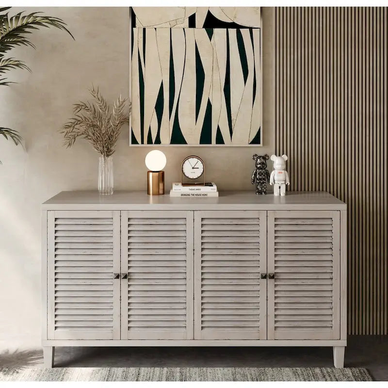 Aparador/Mueble Auxiliar de 4 Puertas y 2 Niveles con Acabado Lavado Blanco o Madera Natural