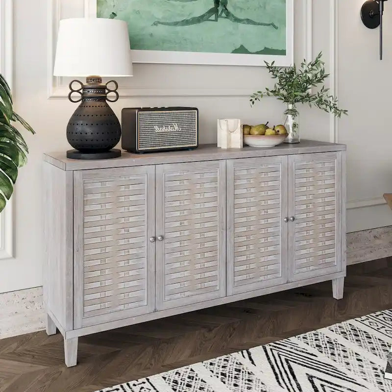 Aparador/Mueble Auxiliar de 4 Puertas y 2 Niveles con Acabado Lavado Blanco o Madera Natural