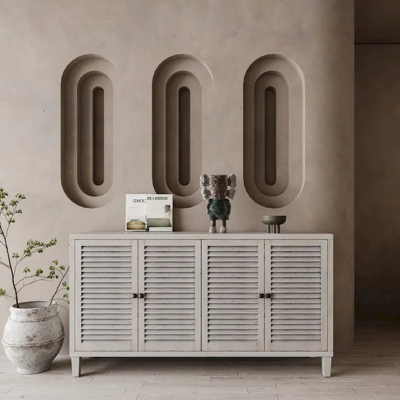 Aparador/Mueble Auxiliar de 4 Puertas y 2 Niveles con Acabado Lavado Blanco o Madera Natural