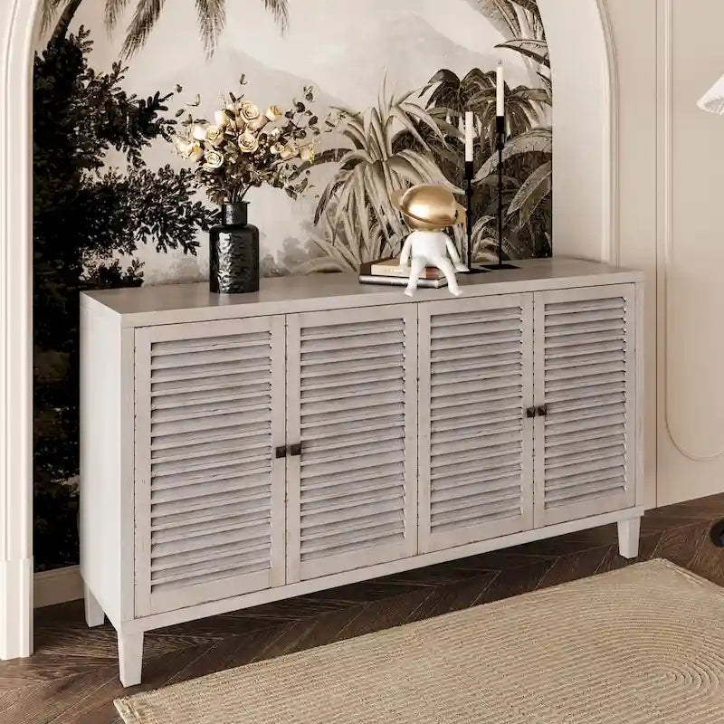 Aparador/Mueble Auxiliar de 4 Puertas y 2 Niveles con Acabado Lavado Blanco o Madera Natural