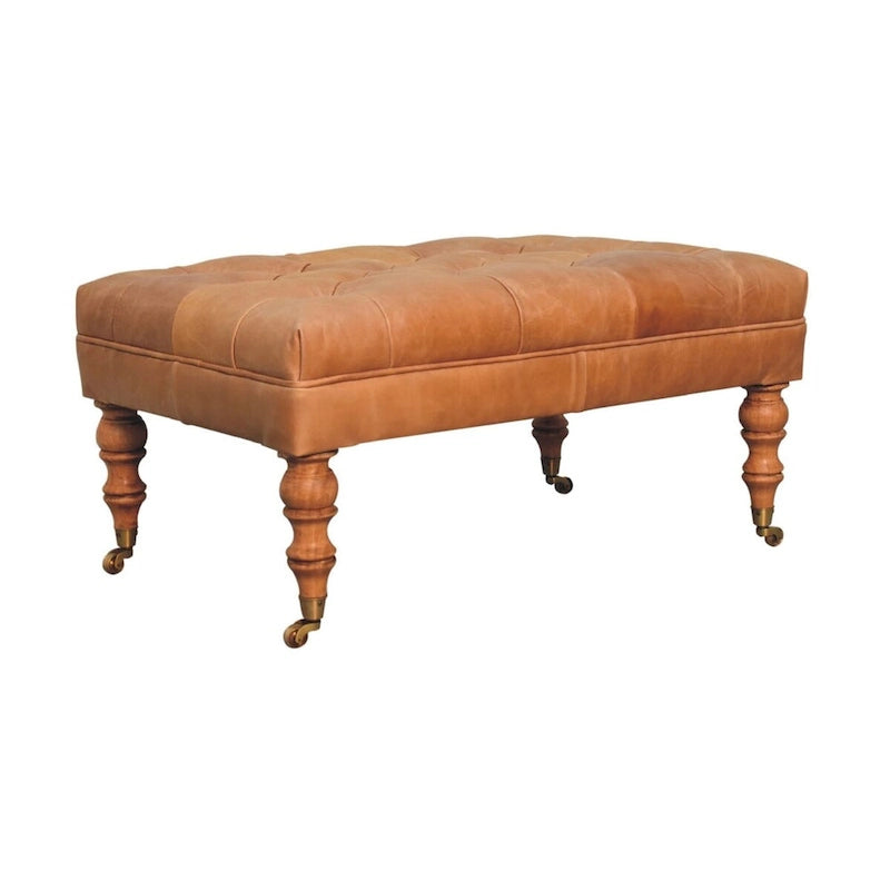 Puf otomano de cuero beige con patas castor – 1 plaza, mediano