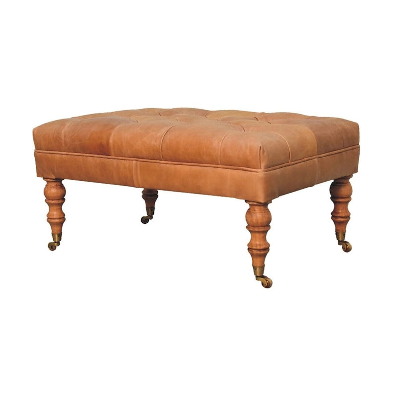 Puf otomano de cuero beige con patas castor – 1 plaza, mediano