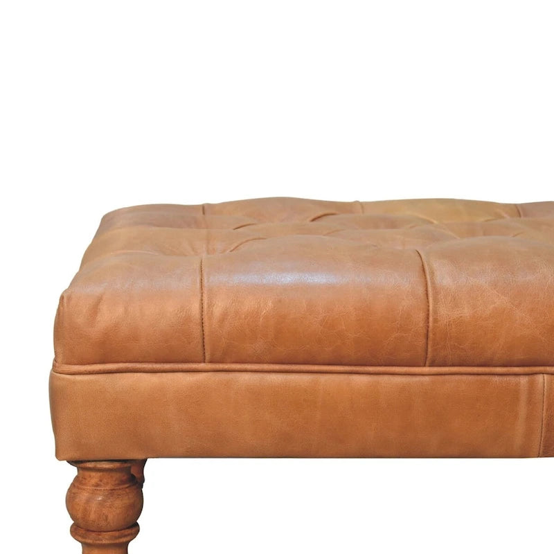 Puf otomano de cuero beige con patas castor – 1 plaza, mediano