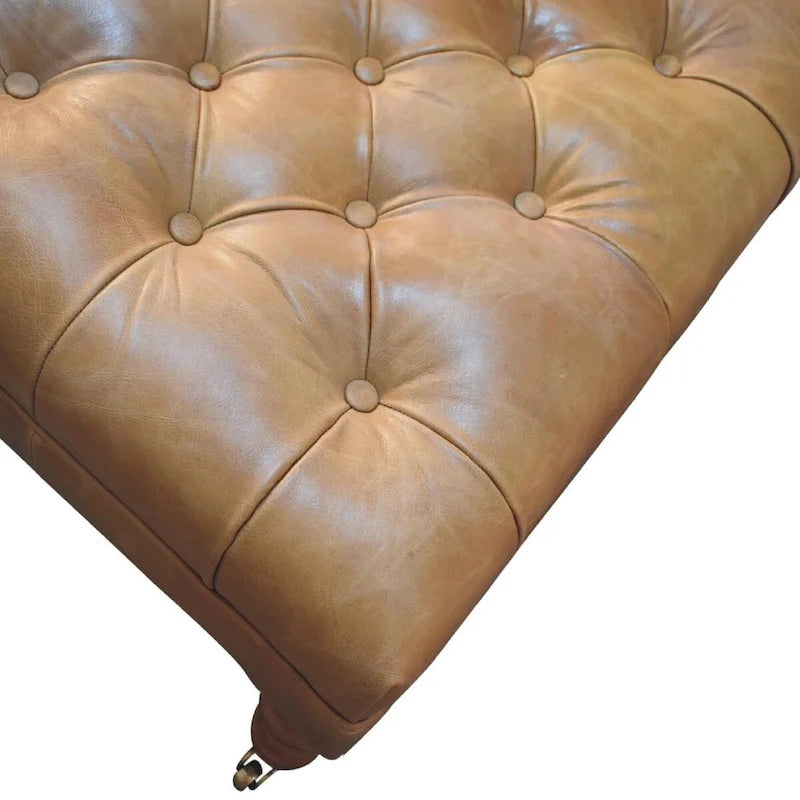 Puf otomano de cuero beige con patas castor – 1 plaza, mediano