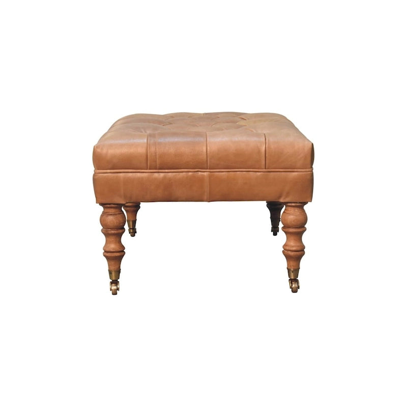 Puf otomano de cuero beige con patas castor – 1 plaza, mediano